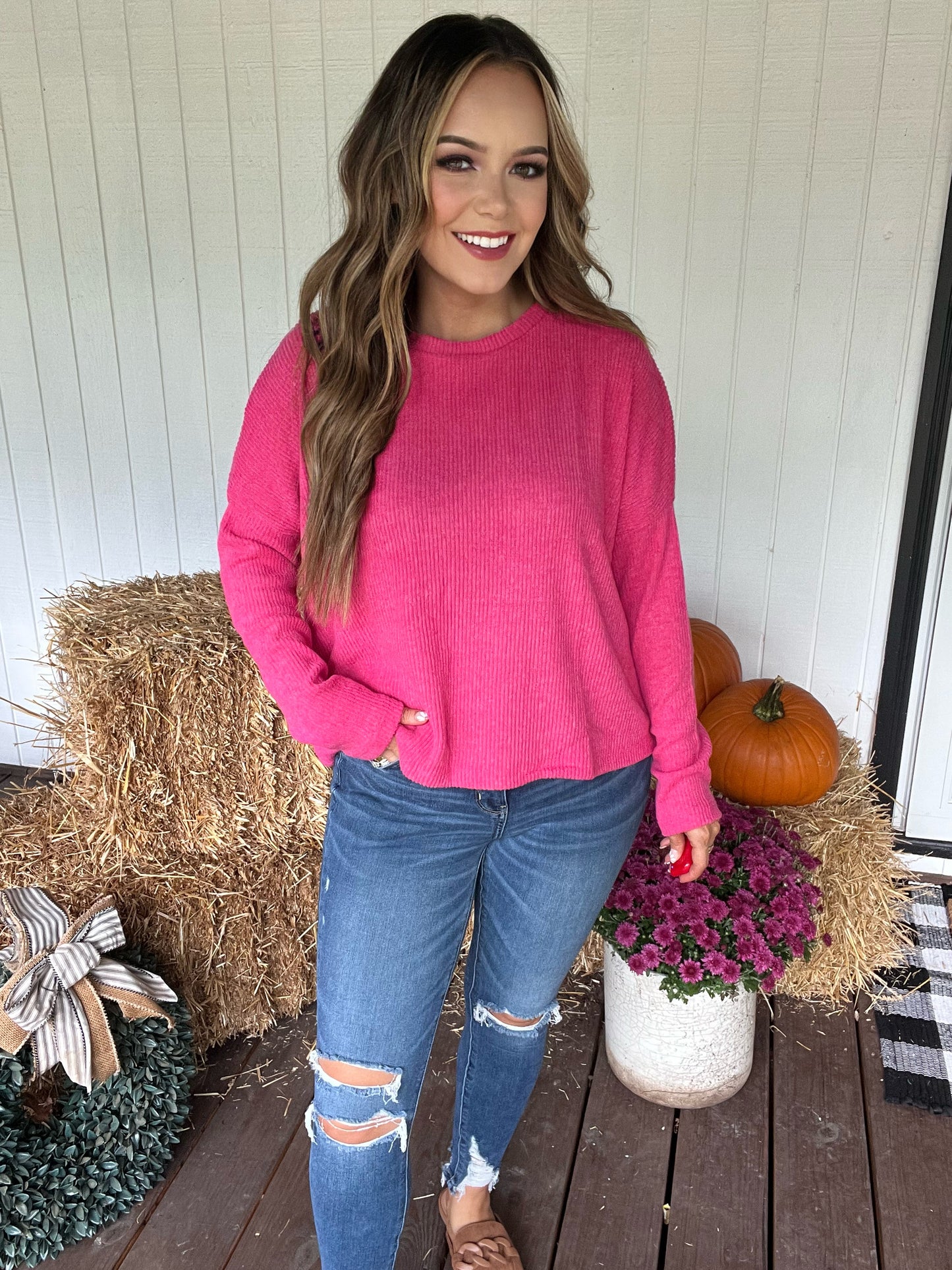 Ribbed Dolman Fuchsia Sweater