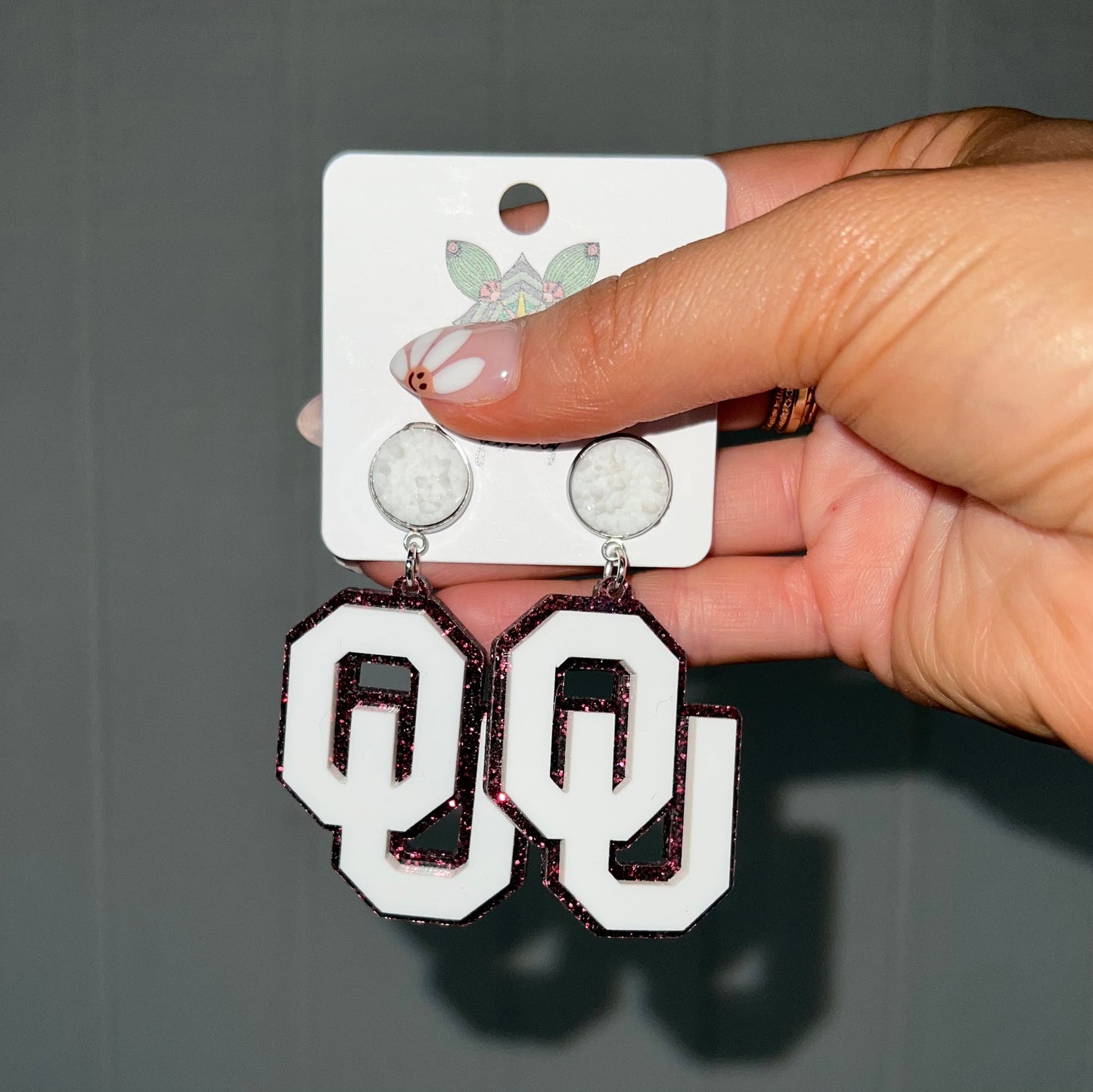 Crimson Glitter OU Acrylic Earrings