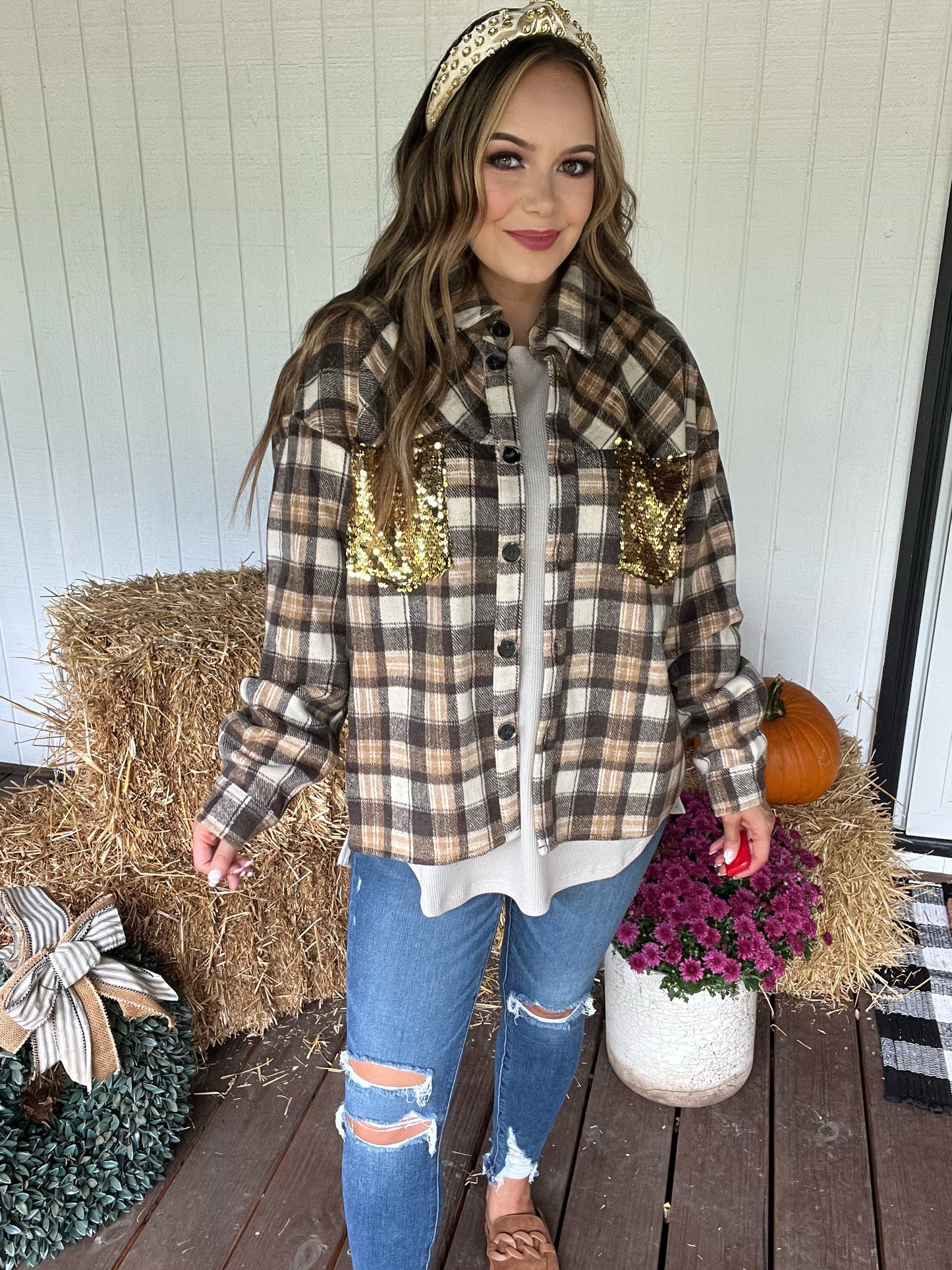Autumn Leaves Sequin Pocket Shacket