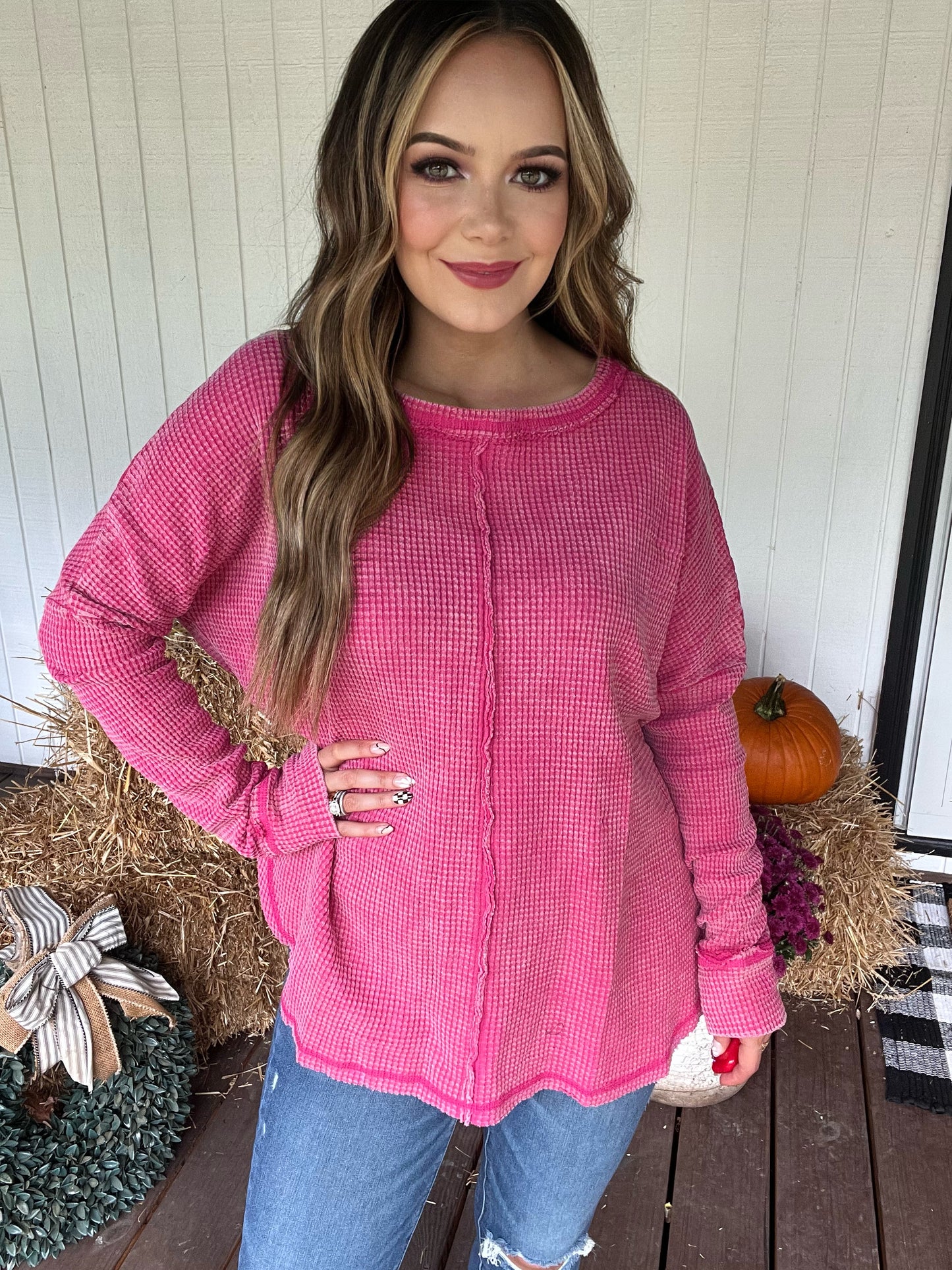 Acid Washed Waffle Oversized Top