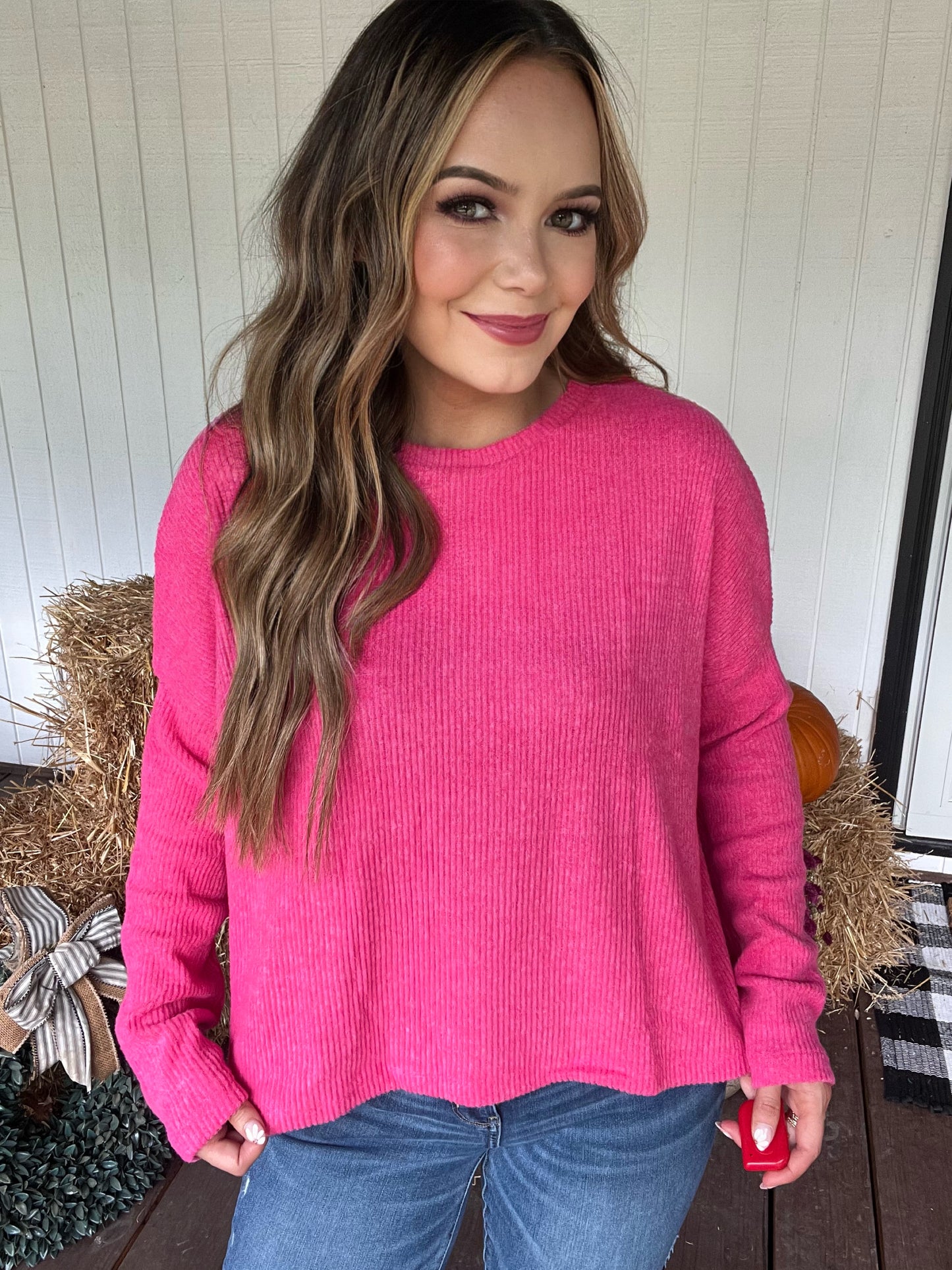 Ribbed Dolman Fuchsia Sweater