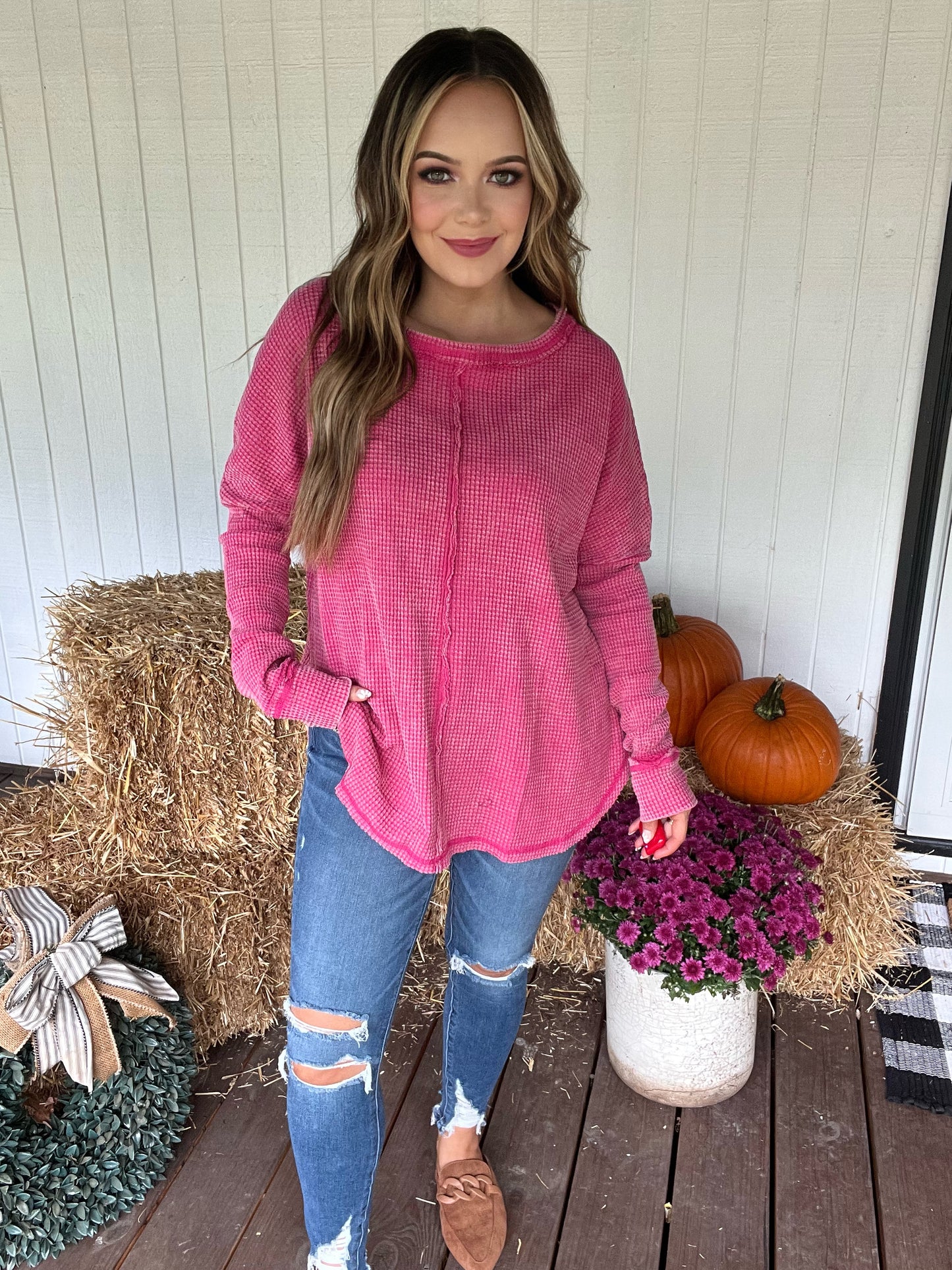 Acid Washed Waffle Oversized Top