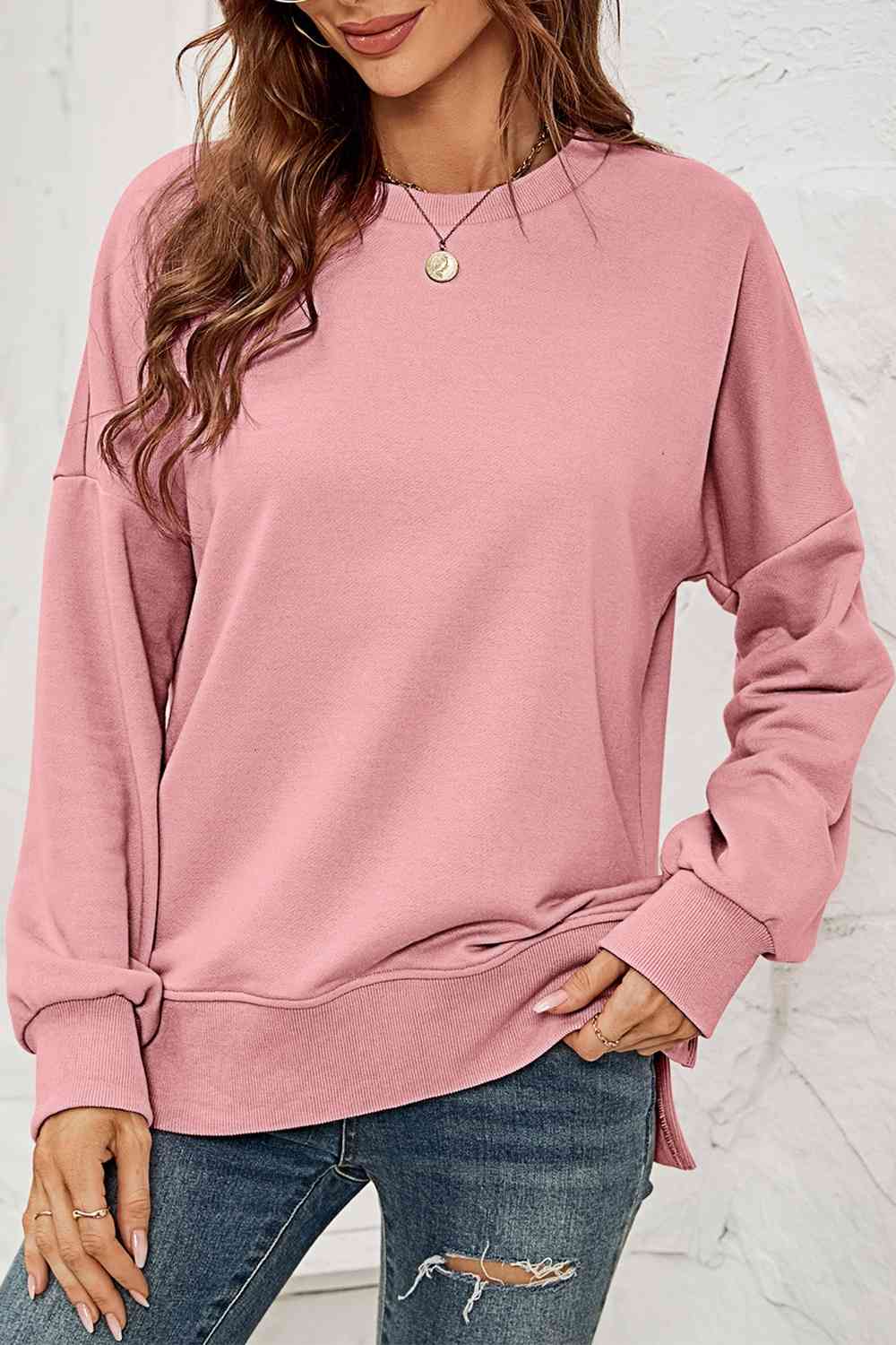 Round Neck Dropped Shoulder Slit Sweatshirt