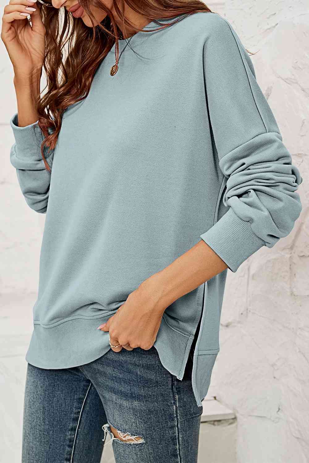 Round Neck Dropped Shoulder Slit Sweatshirt