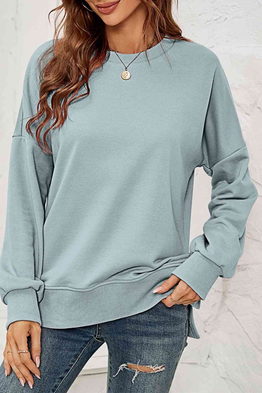 Round Neck Dropped Shoulder Slit Sweatshirt