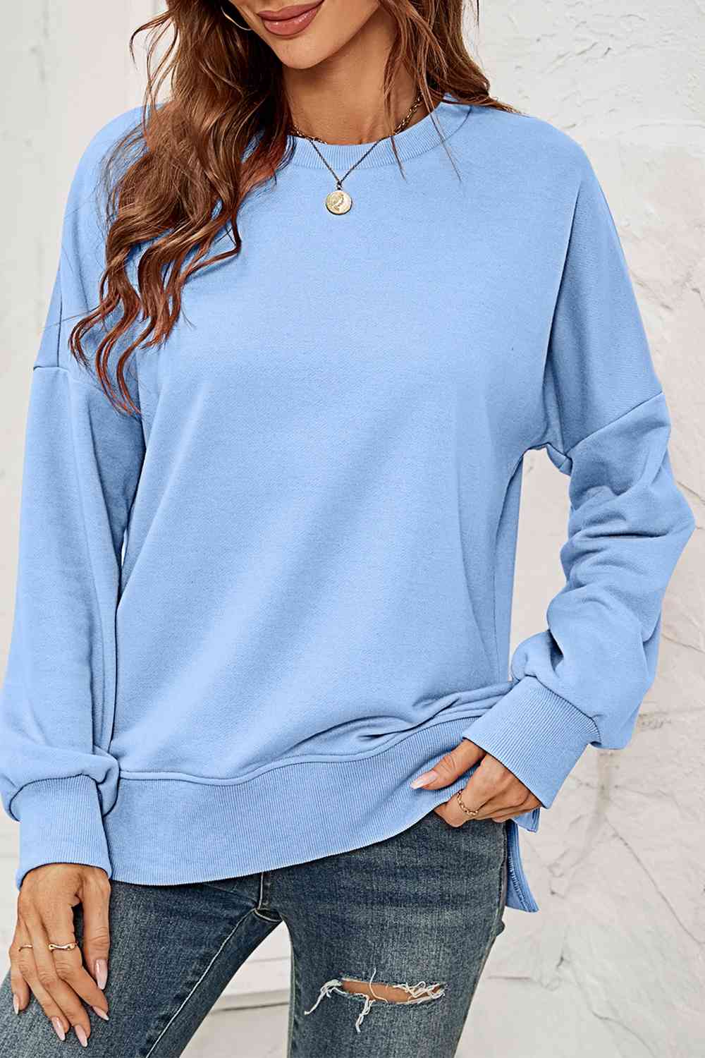 Round Neck Dropped Shoulder Slit Sweatshirt
