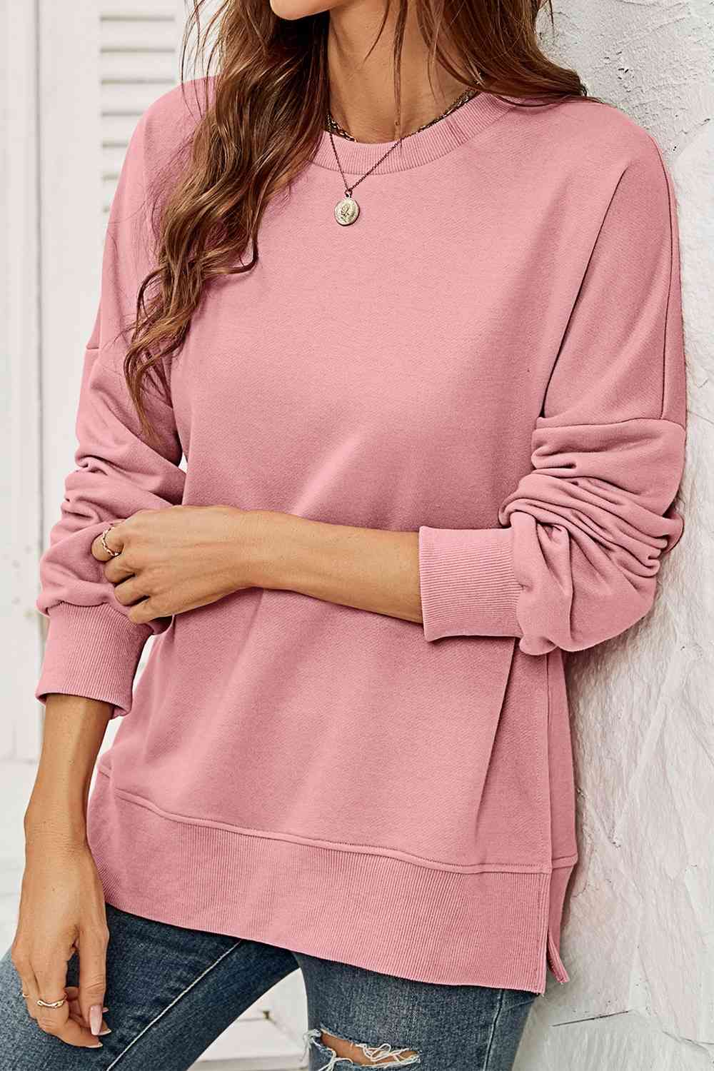 Round Neck Dropped Shoulder Slit Sweatshirt