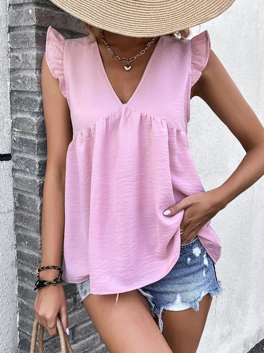 Ruffled V-Neck Cap Sleeve Blouse