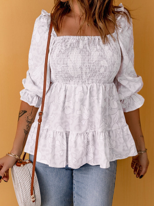 Smocked Square Neck Flounce Sleeve Blouse