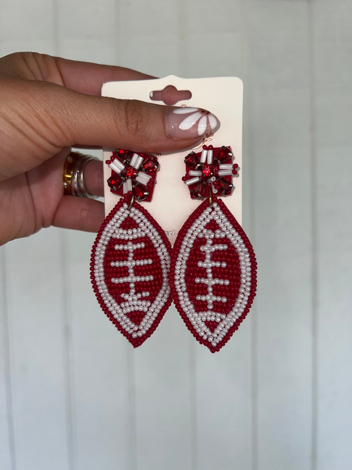 Crimson Beaded Football Earrings