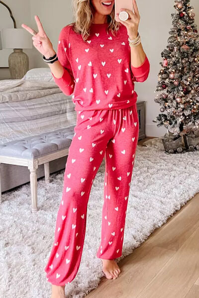 Heart Round Neck Top and Pants Set