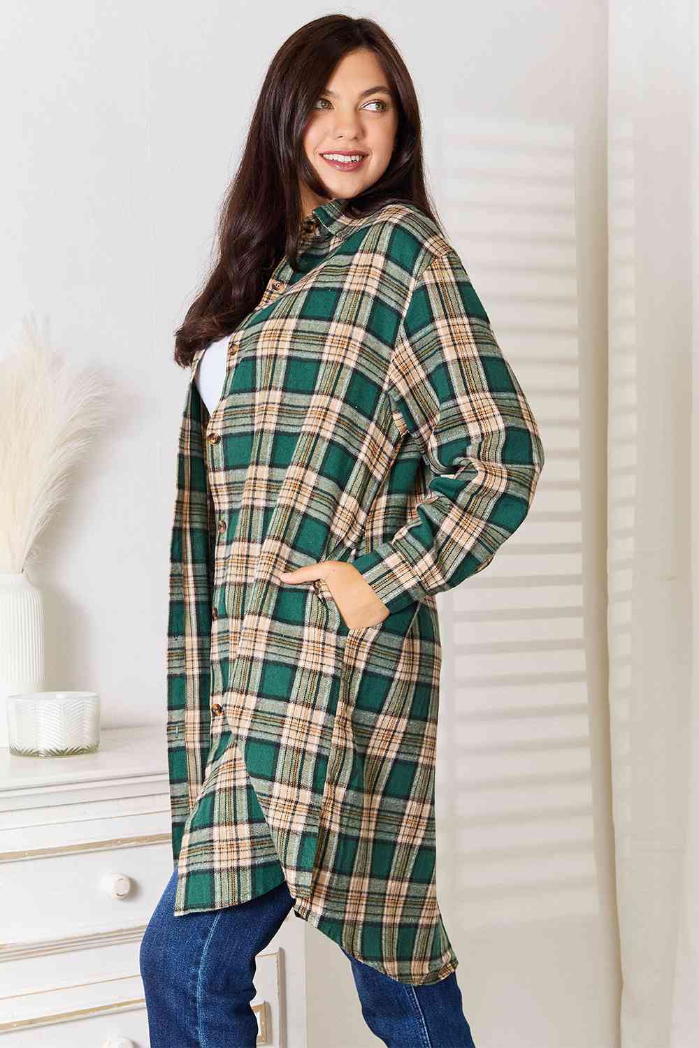 Double Take Plaid Collared Neck Long Sleeve Shirt