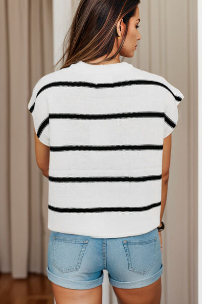 Striped Round Neck Cap Sleeve Sweater