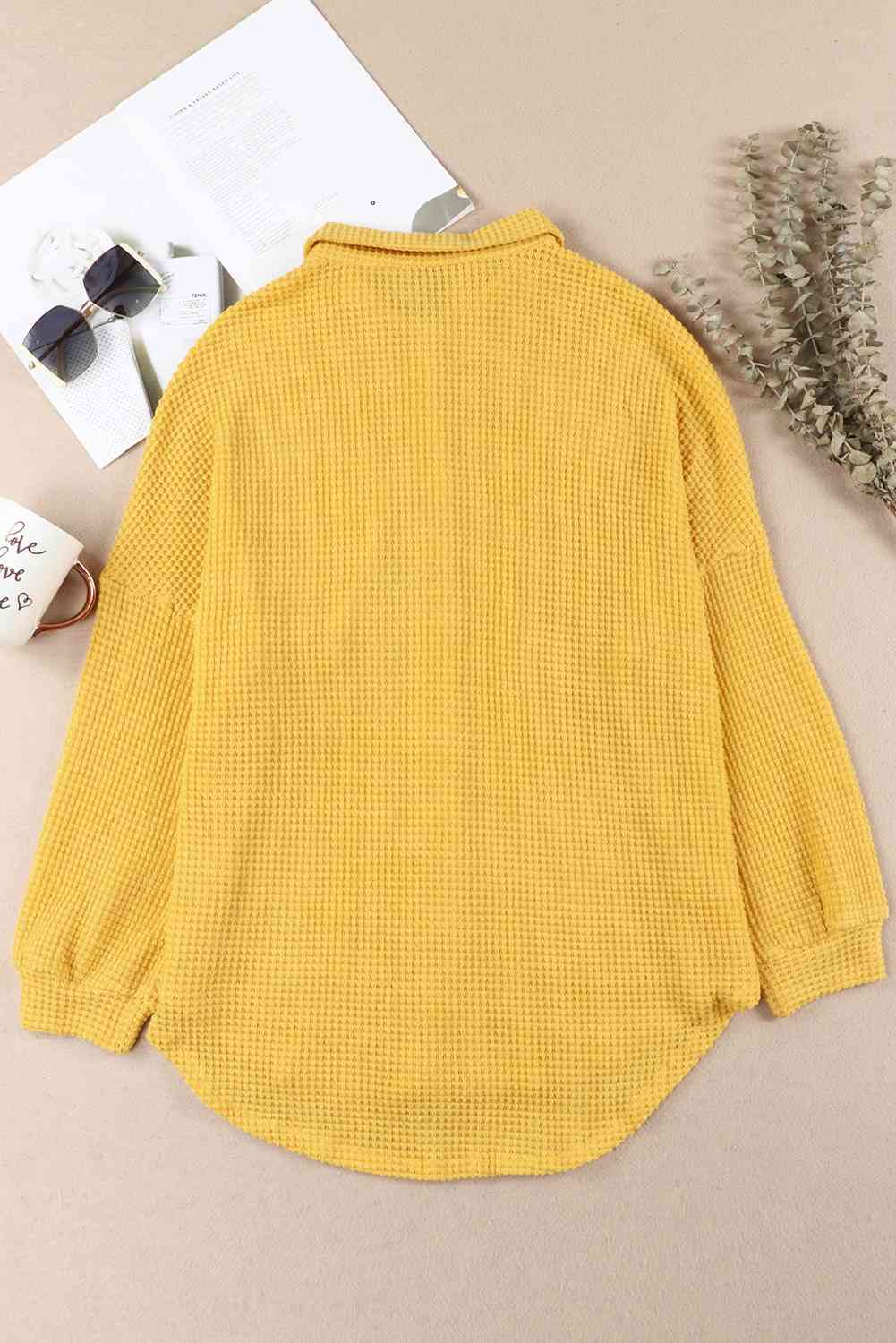 Waffle-Knit Button Up Long Sleeve Shirt with Pocket