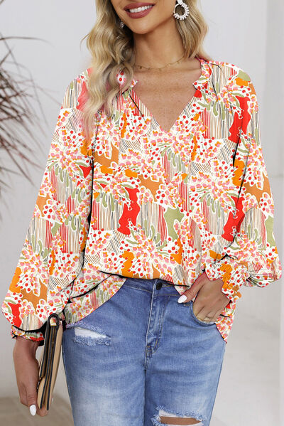 Floral Notched Lantern Sleeve Blouse