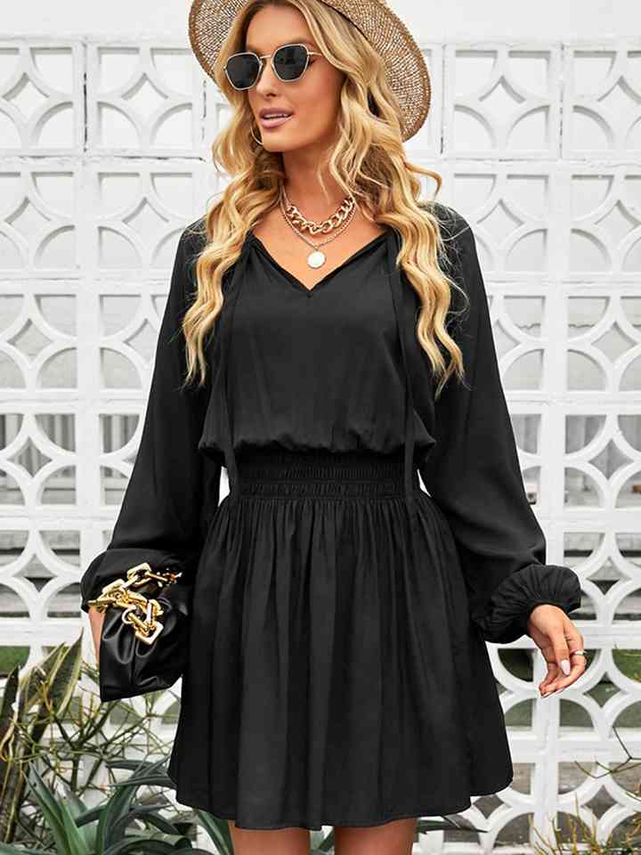 Ruched Tie Neck Balloon Sleeve Mini Dress