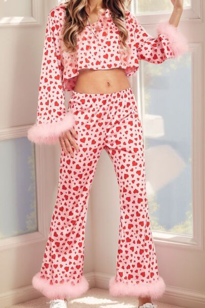 Fuzzy Trim Heart Print Cropped Top and Flare Pants Set