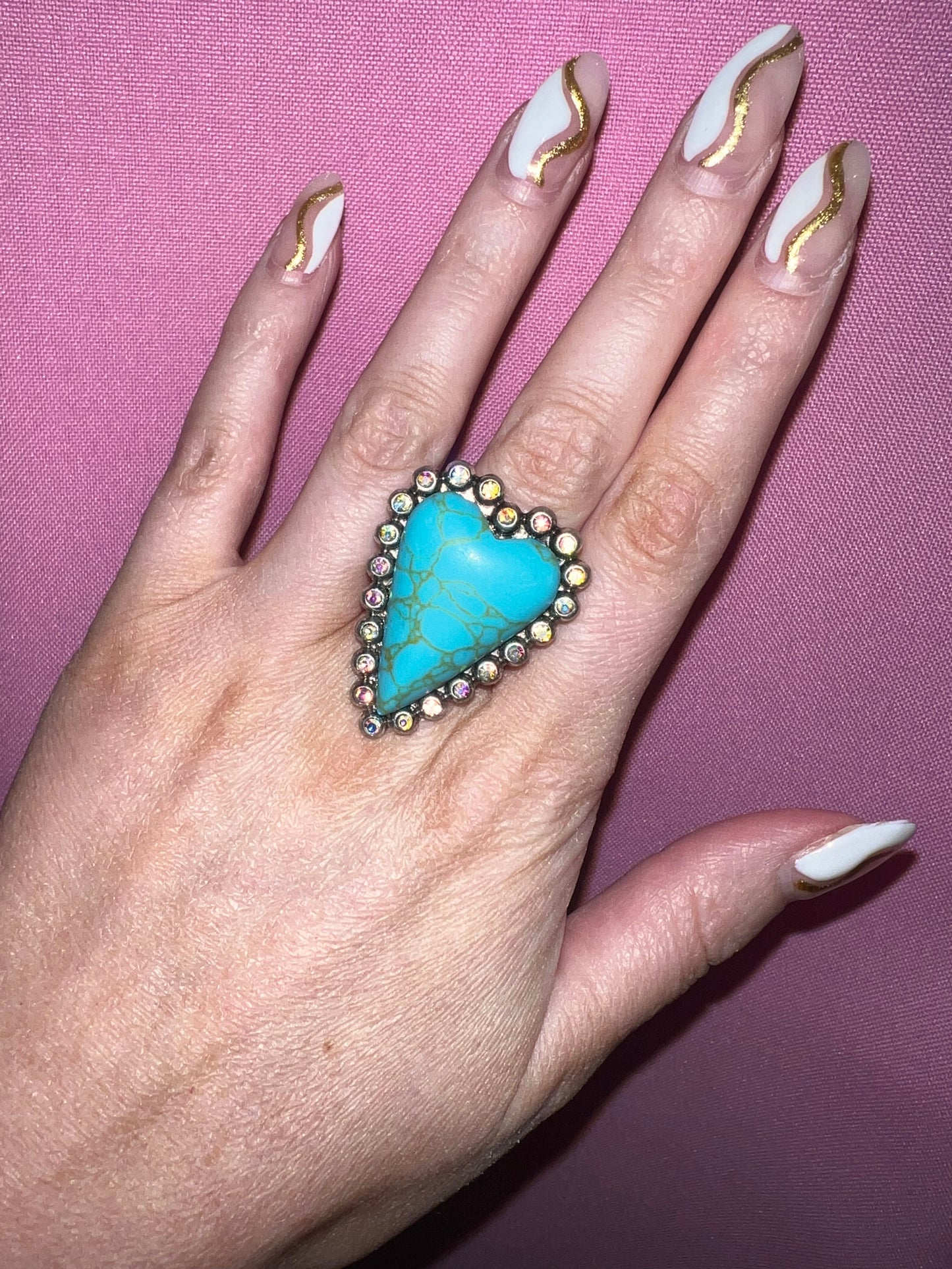 Turquoise rhinestone heart adjustable ring