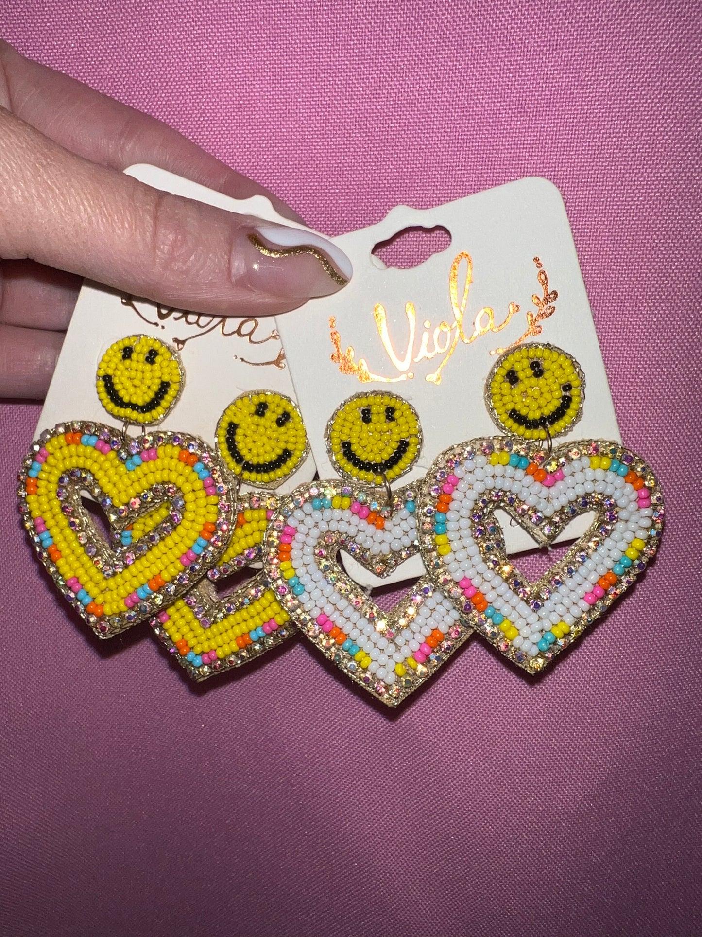 Smiley beaded heart earrings